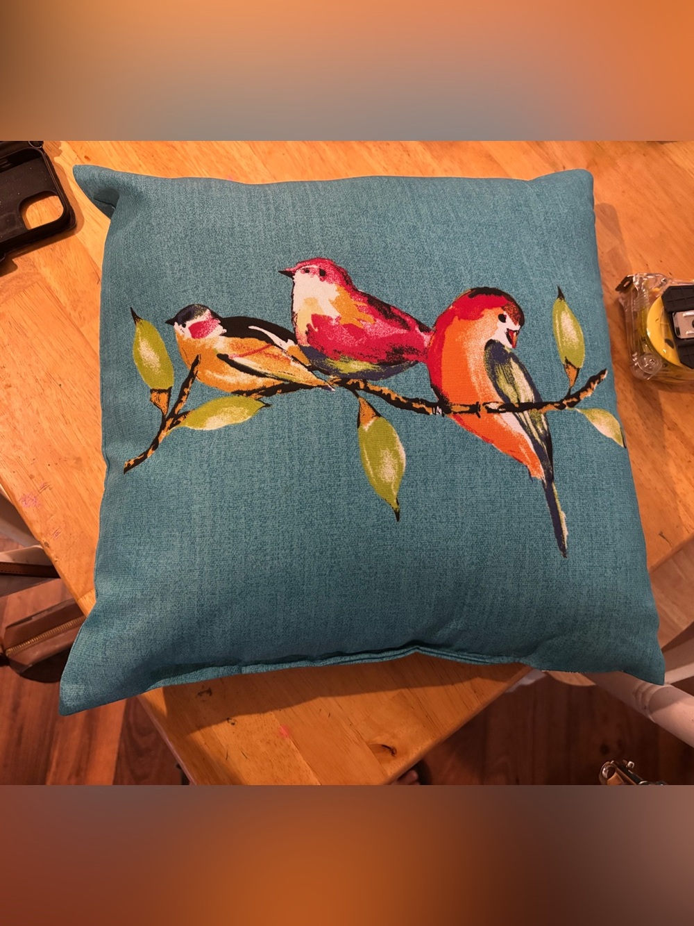 Decorative Bird Throw Pillow 15x14 Blue Accent Cushion Colorful Songbirds Branch